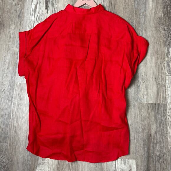 Lauren Ralph Lauren Red Linen Blend Front Tie Blouse Women’s XXL Short Sleeve - Picture 2 of 8